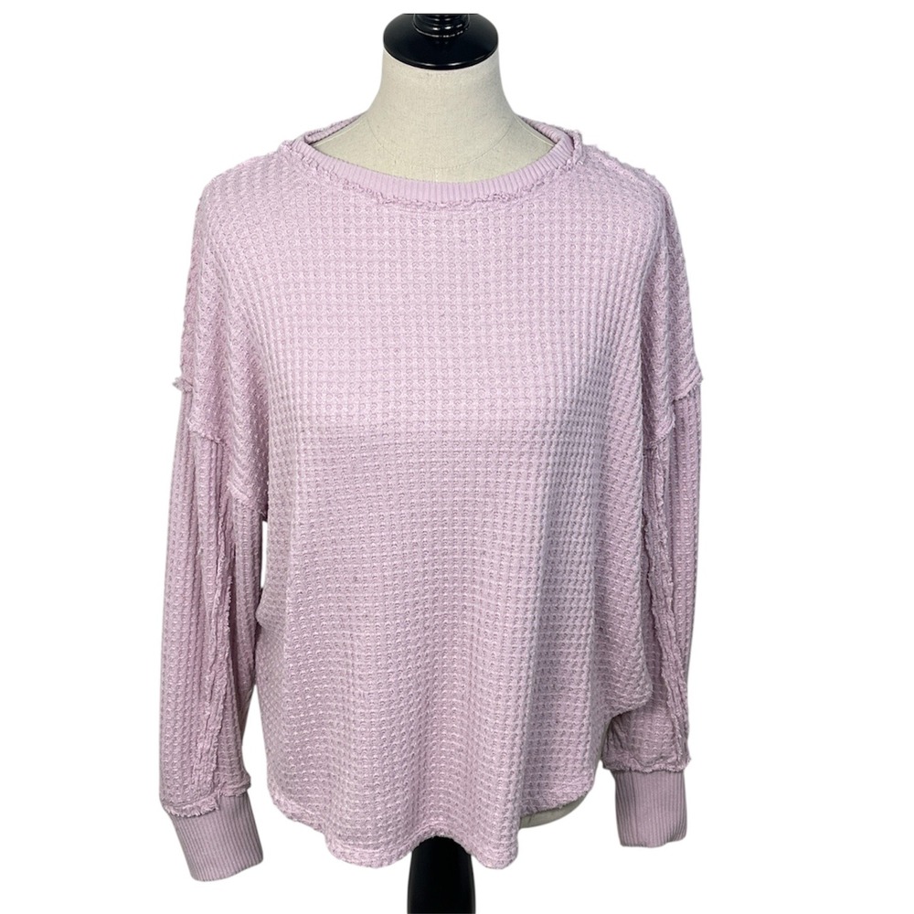 SO Soft Pink Waffle Knit Exposed‎ Seam Long Sleeve Top Womens Large Relaxed Fit